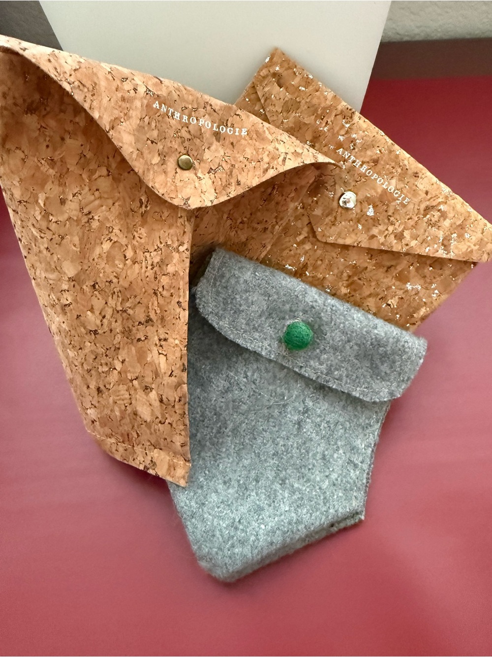Anthropologie Cork Envelope Pouches with Gray Felt Pouch with Green Closure